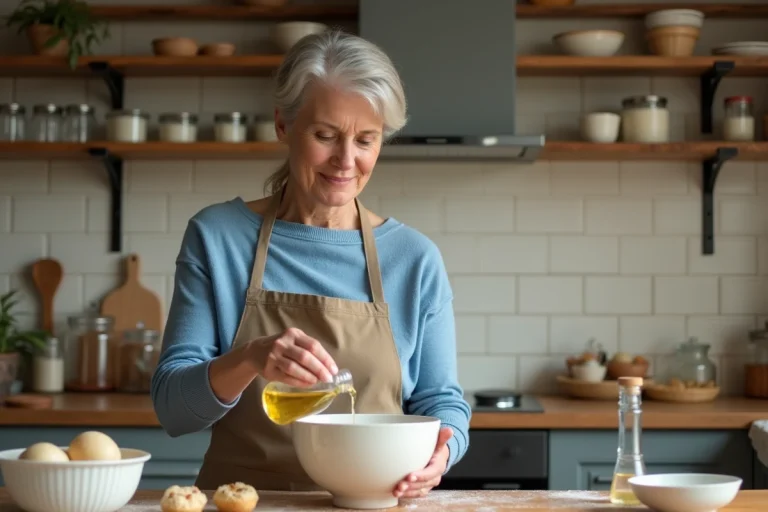 Femme versant de l'huile de paraffine dans un bol en cuisine