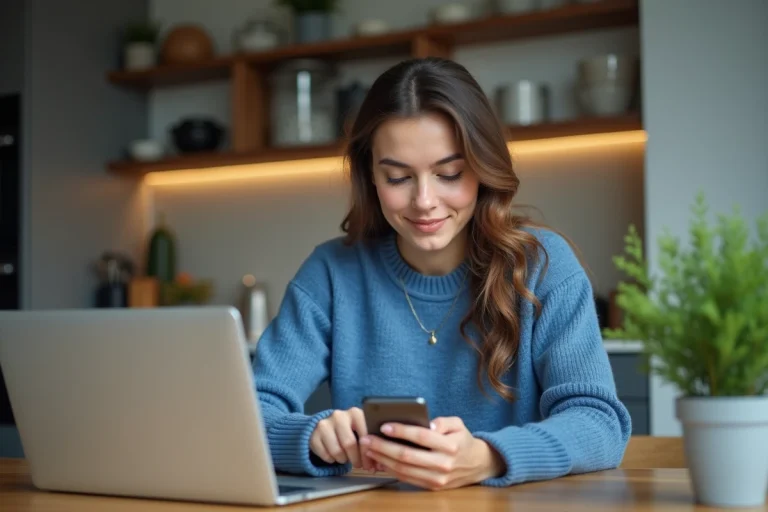 Femme détendue utilisant son smartphone dans la cuisine moderne