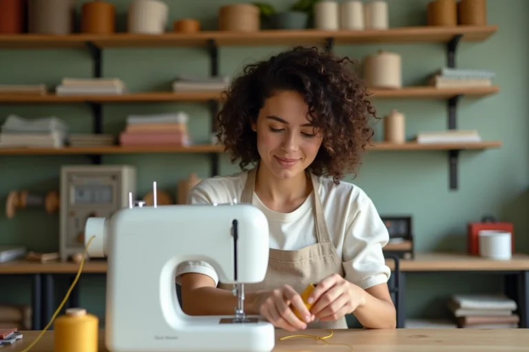 Femme débutante qui enfile une machine à coudre moderne dans un atelier de couture chaleureux et organisé