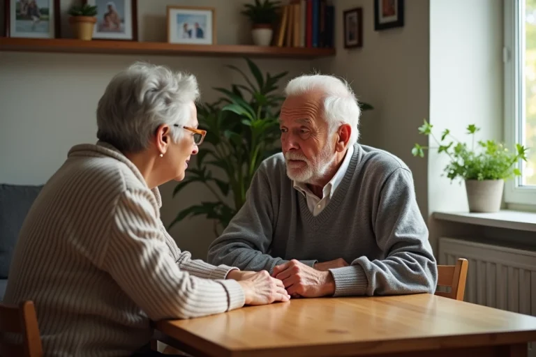 Femme d'âge moyen et son père âgé discutant à table