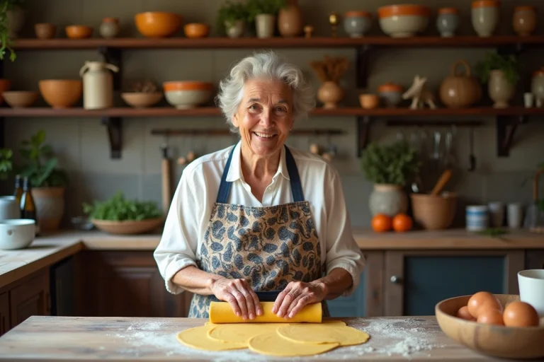 Femme italienne âgée préparant des pâtes maison dans sa cuisine