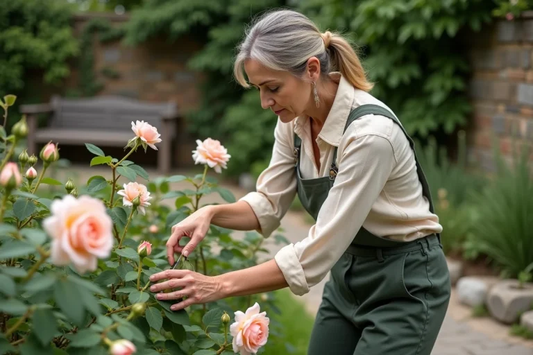 Femme en jardinage avec roses en pleine floraison