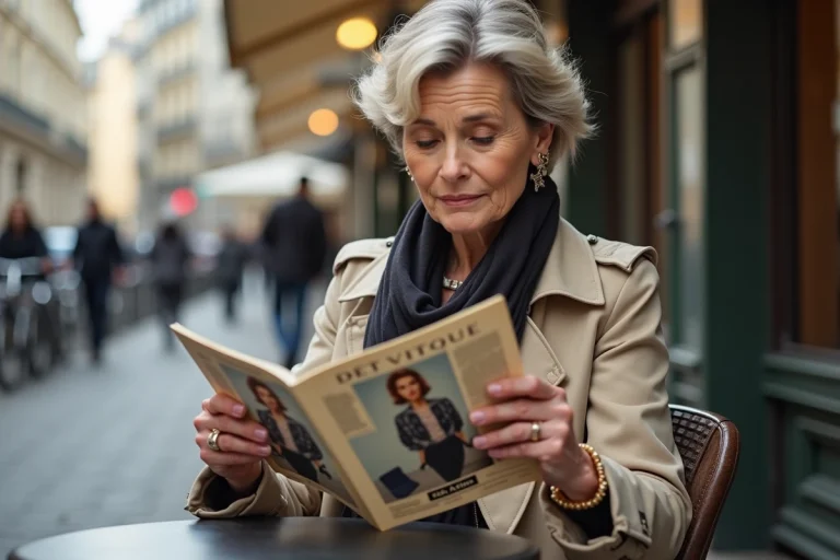 Femme française lisant magazine vintage des années 60 à Paris