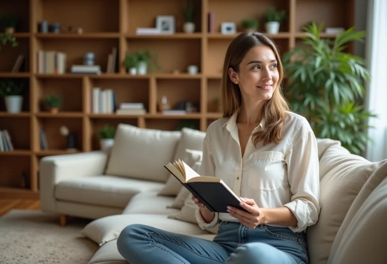 Femme arrangeant livres et plantes dans un salon lumineux