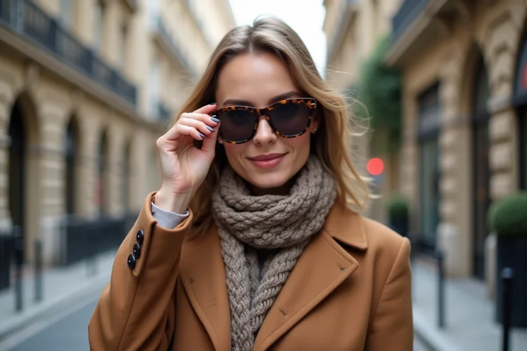 Femme élégante en manteau camel et lunettes tendance