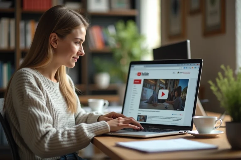 Jeune femme concentrée utilisant un ordinateur pour convertir une vidéo YouTube
