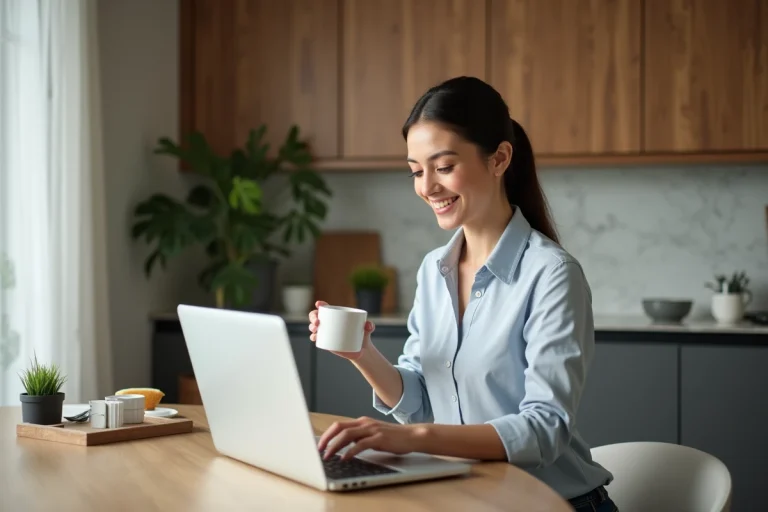 Femme souriante utilisant un ordinateur pour consulter des annonces immobilières