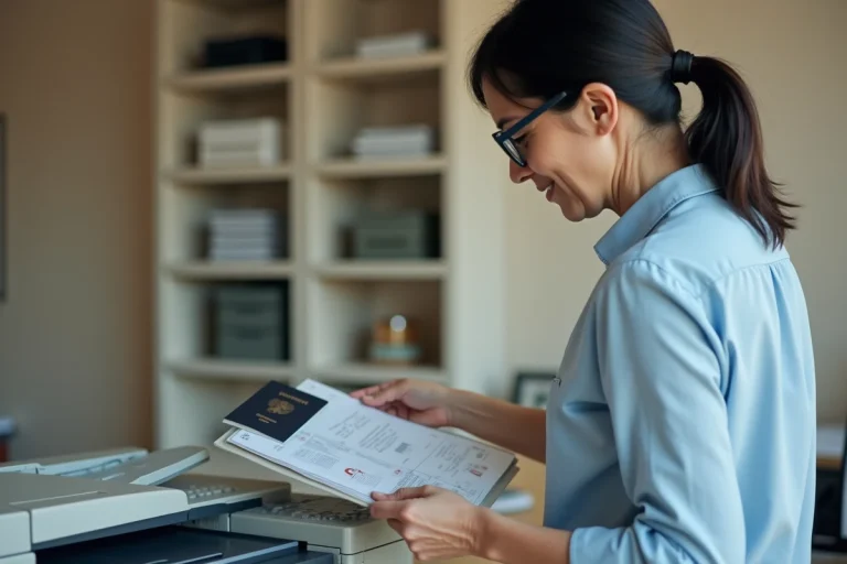 Femme vérifiant son passeport sur un photocopieur en bureau