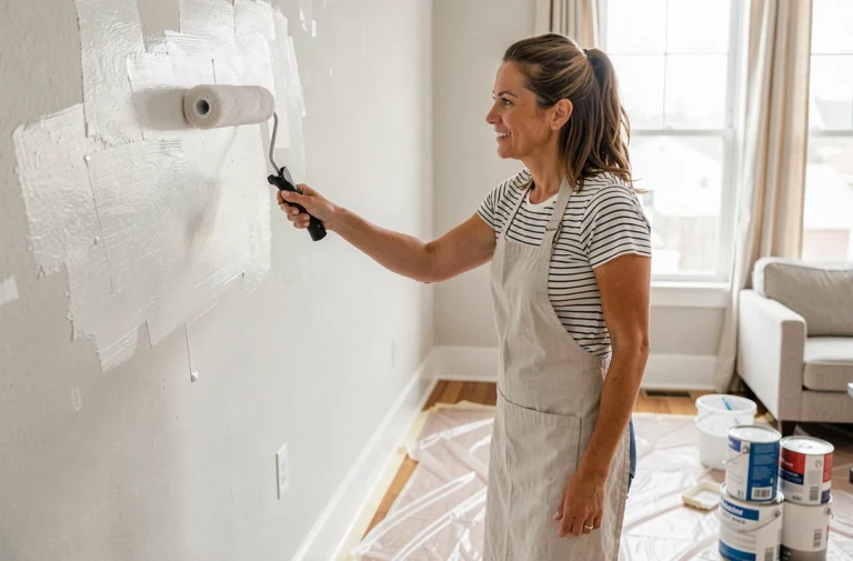 Femme appliquant de la peinture blanche sur un mur en bois dans un salon en cours de rénovation