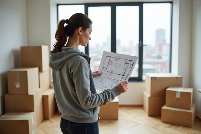 Femme consultant un plan de volume pour estimer 20 mètres cubes dans un appartement rempli de cartons de déménagement