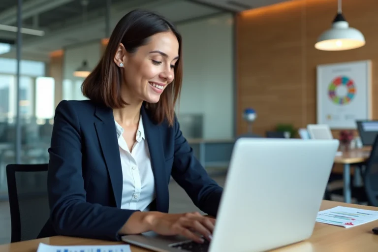 Jeune femme en blazer analysant un tableau digital marketing
