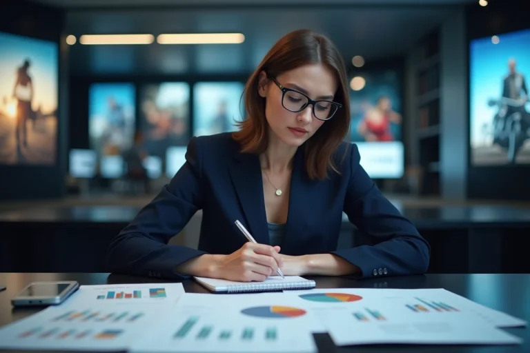 Femme en blazer bleu étudiant des budgets publicitaires