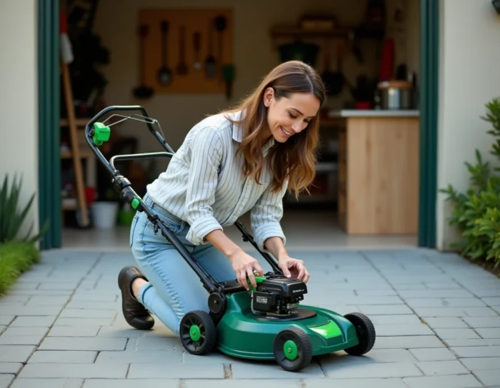 Femme inspectant et réglant la hauteur de coupe de la tondeuse Greencut GLM660SX sur une allée en béton devant un garage