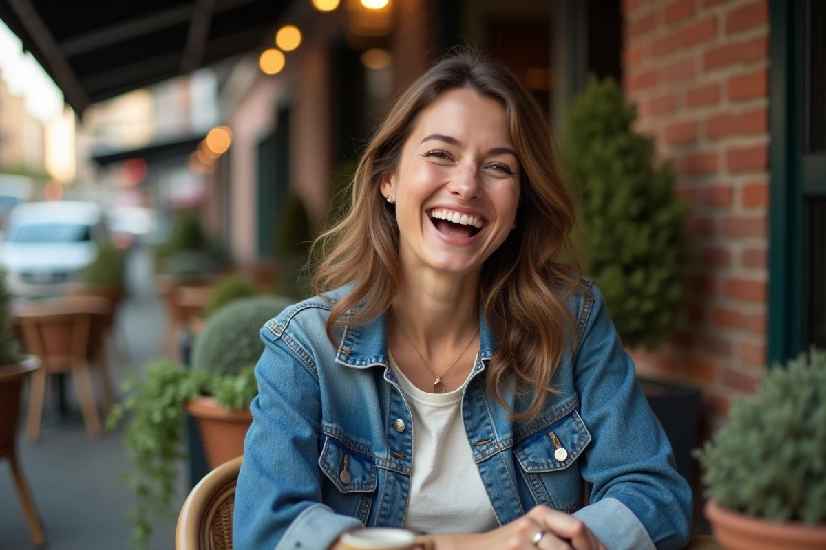 Femme riant dans un café urbain en plein air