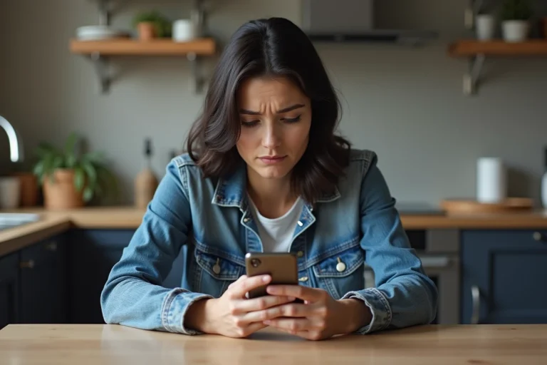 Femme en cuisine regardant son smartphone avec souci