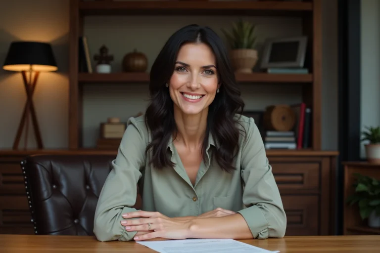 Femme souriante dans un bureau à domicile chaleureux