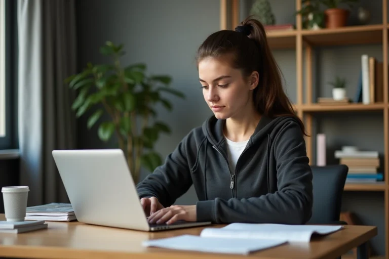 Jeune femme détendue utilisant un ordinateur pour s'inscrire à un club de fitness