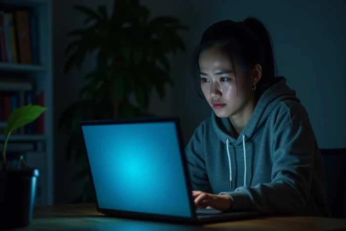 Femme consultant une plateforme de streaming en ligne sur un ordinateur portable, illustrant les risques liés aux sites de films illégaux