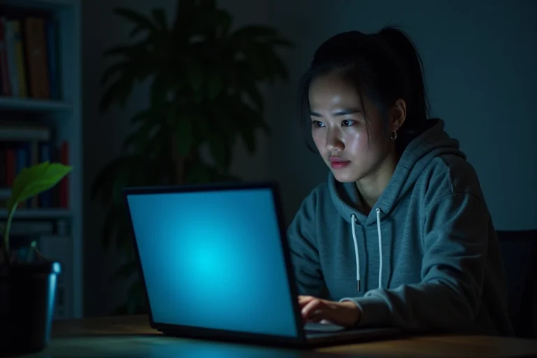 Femme consultant une plateforme de streaming en ligne sur un ordinateur portable, illustrant les risques liés aux sites de films illégaux