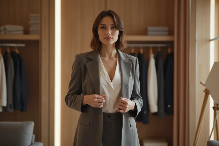 Jeune femme en pantalon blazer dans un dressing moderne