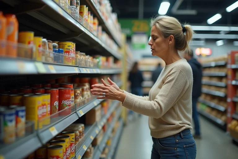 Femme inquiète examinant rayons vides en supermarche