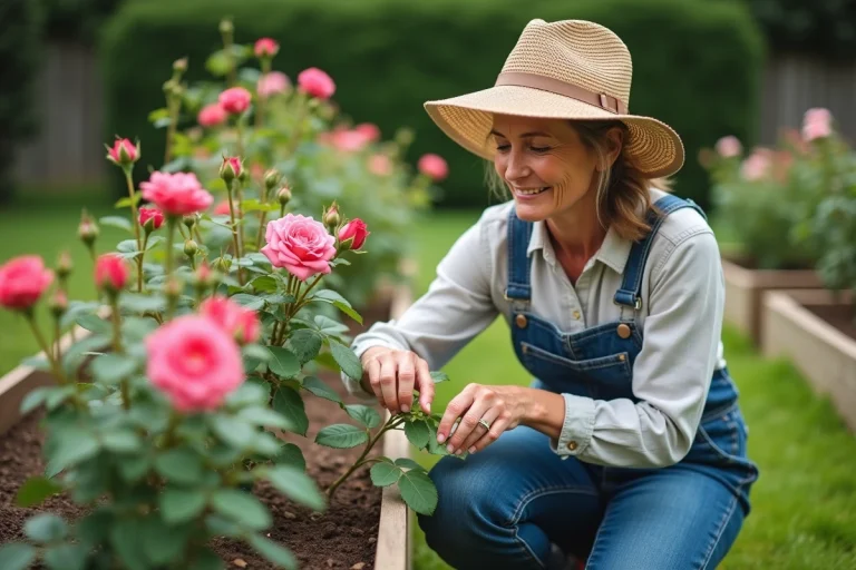 Femme en salopette taillant des rosiers dans le jardin