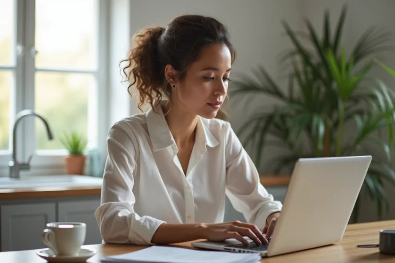 Femme travaillant sur un ordinateur portable dans une cuisine lumineuse