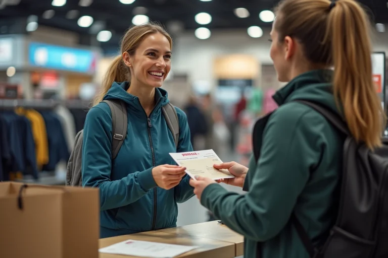Femme souriante donnant des chèques vacances dans un magasin de sport