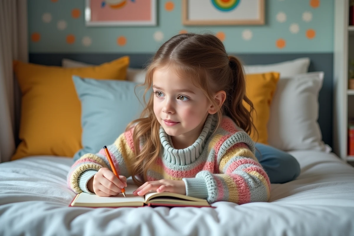 Fille dessinant dans son lit dans une chambre moderne et chaleureuse