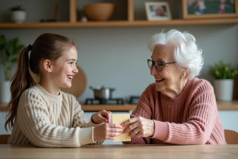 Jeune fille offrant un cadeau à sa grand-mère dans une cuisine chaleureuse