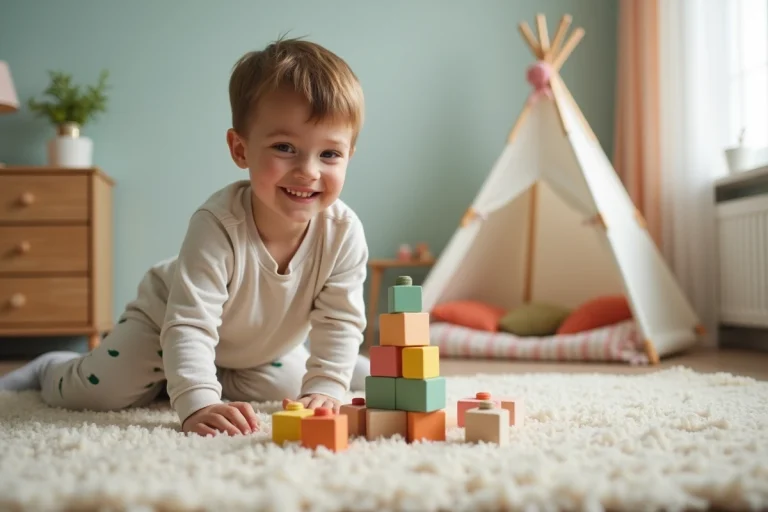 Jeune garçon construisant une tour en bois colorée dans sa chambre