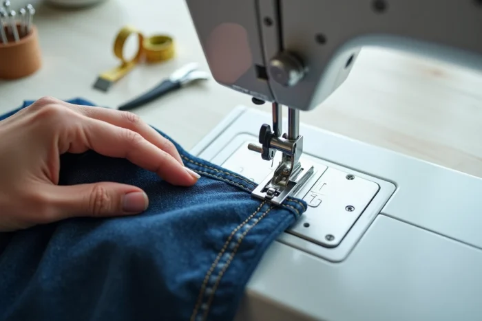 Gros plan d'une machine à coudre en action cousant du tissu denim avec des accessoires de couture disposés autour