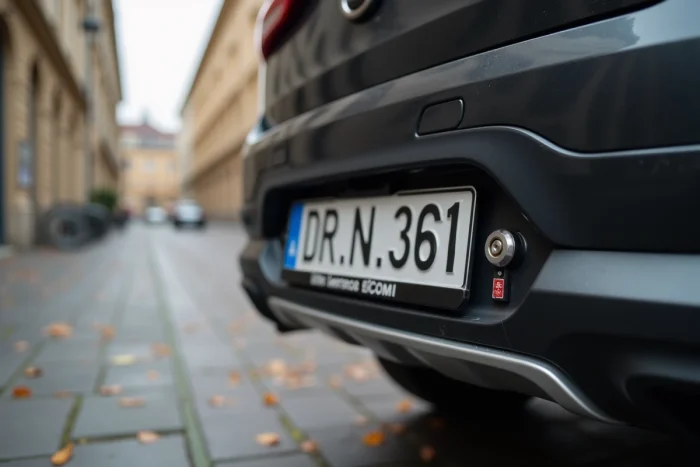 Gros plan sur une plaque d'immatriculation sécurisée avec vis antivol et autocollant de sécurité sur un SUV en ville