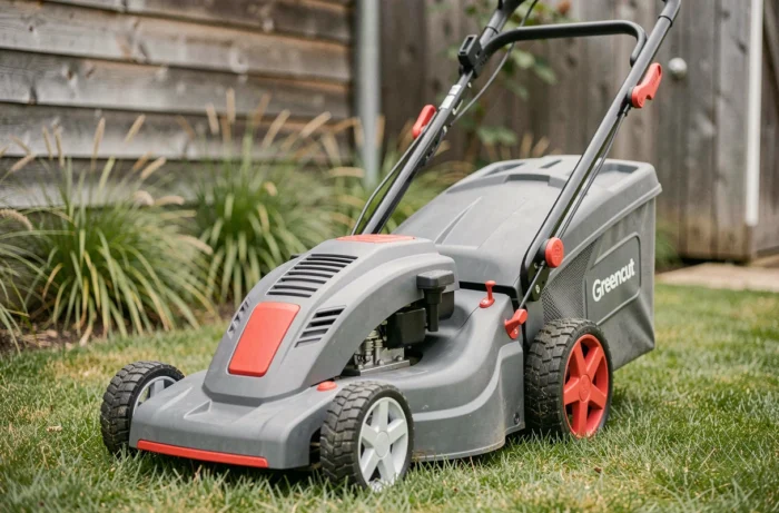 Gros plan détaillé de la tondeuse Greencut GLM660SX posée sur une pelouse tondue avec bac de ramassage et poignées ergonomiques visibles