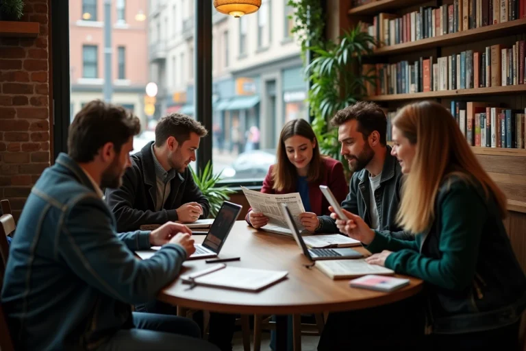 Groupe d'adultes discutant dans un café cosy avec livres et table