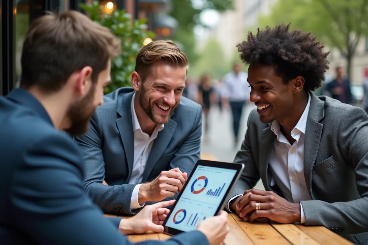 Groupe de professionnels discutant stratégie marketing en terrasse