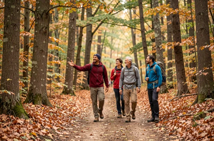 Groupe d'adultes en randonnée sur un sentier forestier en automne — idée de loisir nature et activité de plein air pour tous