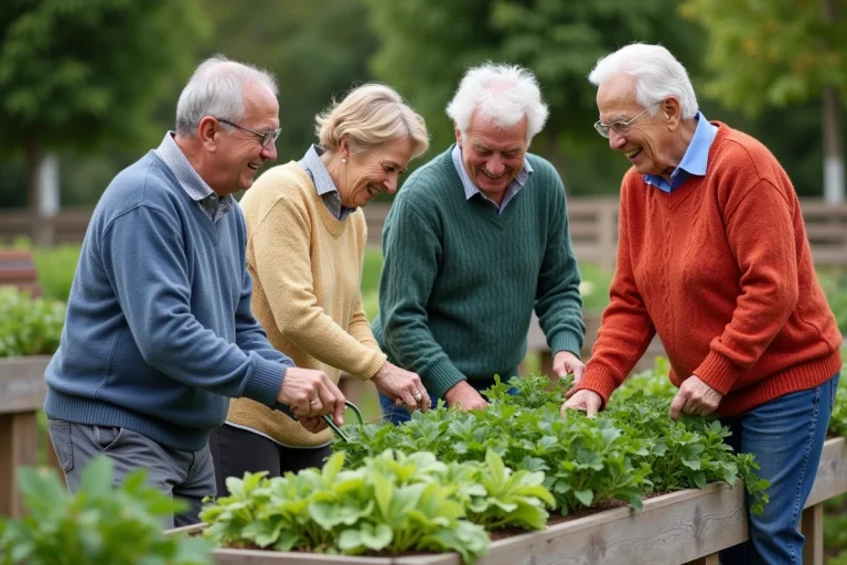 Groupe de seniors souriants dans un jardin communautaire