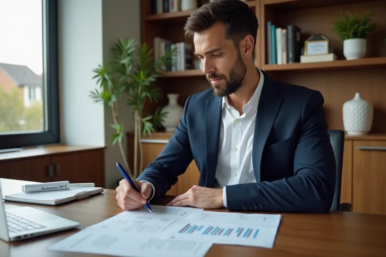 Homme en blazer bleu dans un bureau moderne en train d'étudier des documents financiers