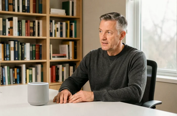 Homme utilisant un assistant vocal connecté dans un bureau à domicile, représentant les nouvelles tendances des chatbots et systèmes conversationnels automatisés