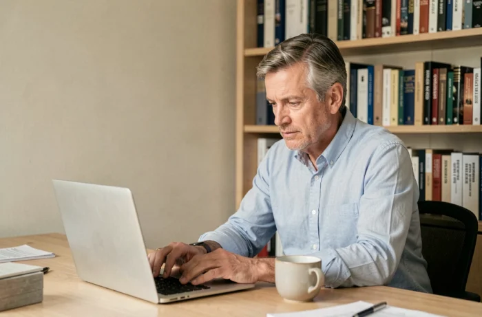 Homme concentré à son bureau à domicile entouré de livres, symbolisant la frontière entre vie professionnelle publique et intimité personnelle préservée