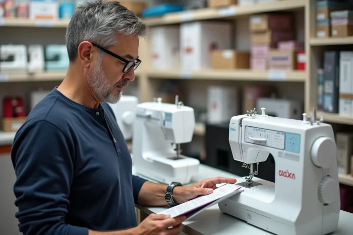 Homme comparant deux modèles de machines à coudre dans un magasin spécialisé en couture