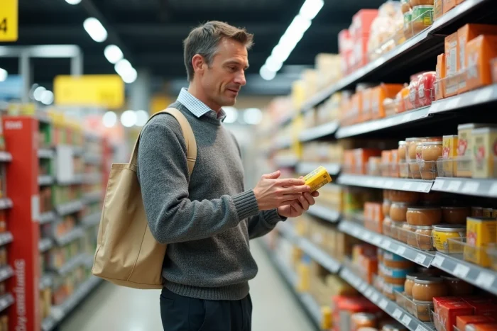 Homme comparant les prix de produits en supermarché pour faire des économies sur ses courses