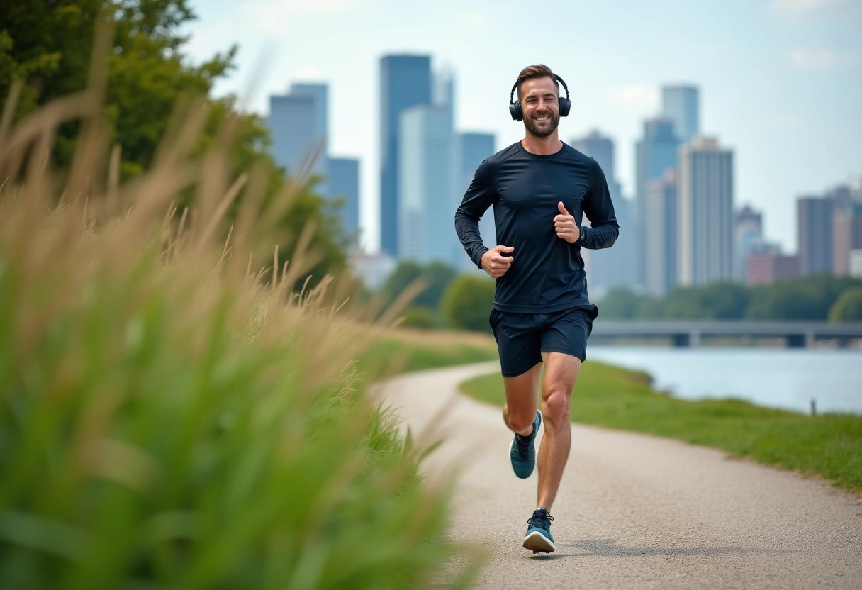 Homme courant dans un parc urbain au bord de la rivière