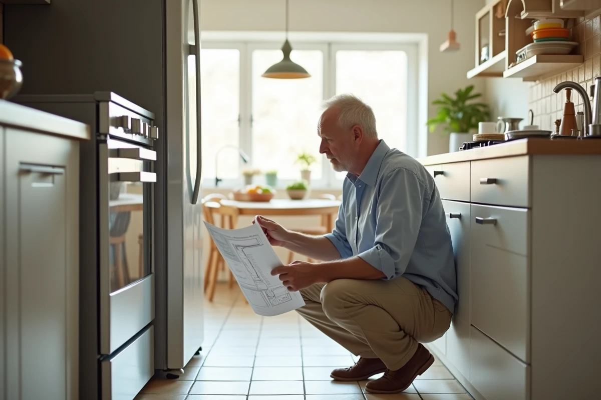 Homme vérifiant un plan dans une cuisine lumineuse
