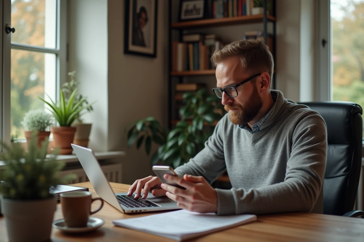 Homme dans un bureau à domicile tapant un numéro mystérieux