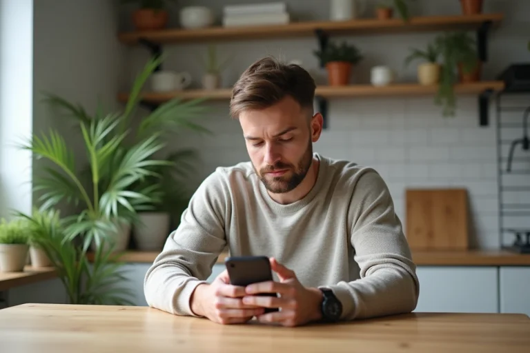 Homme assis à la cuisine avec smartphone en main