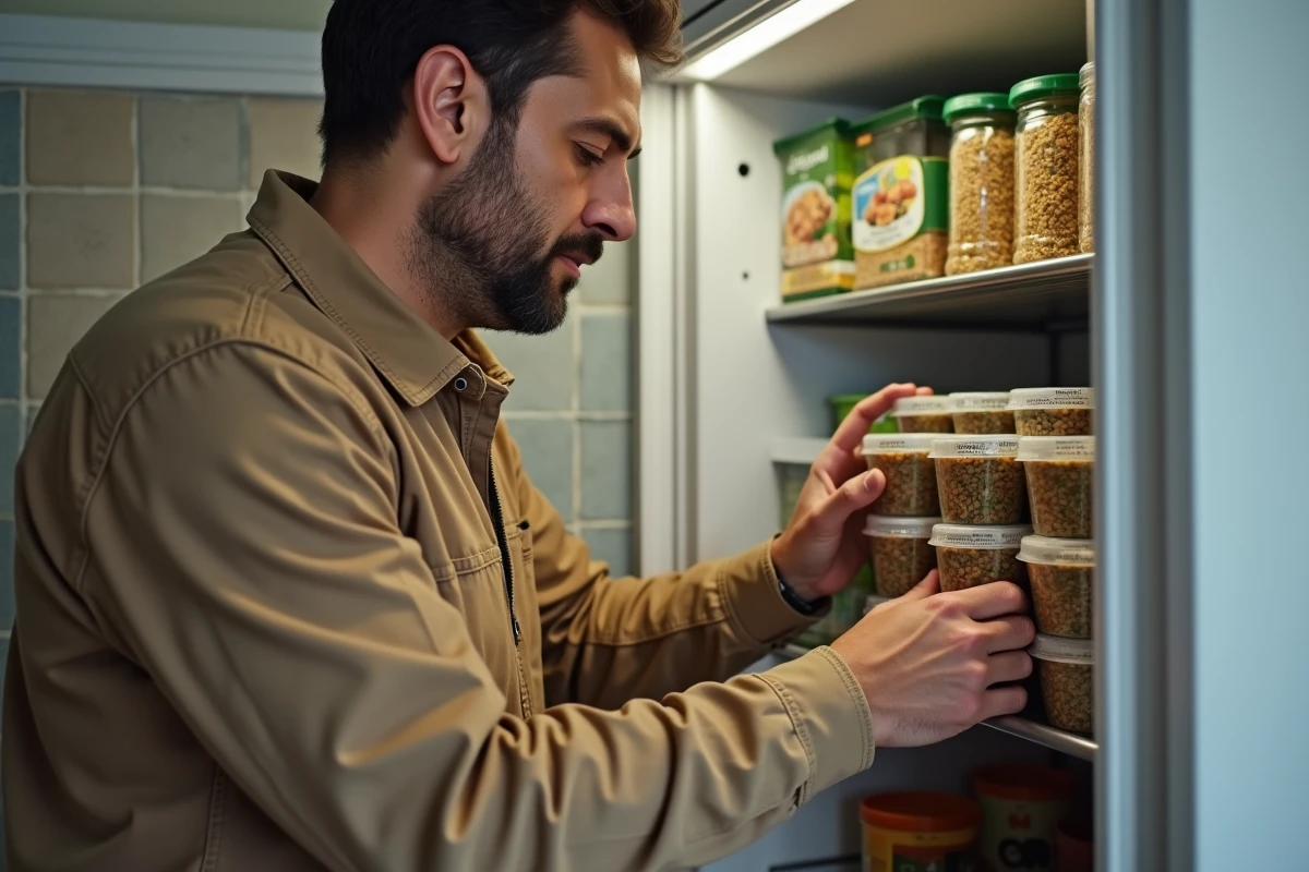 Homme rangeant des contenants de tabbouleh dans le congélateur