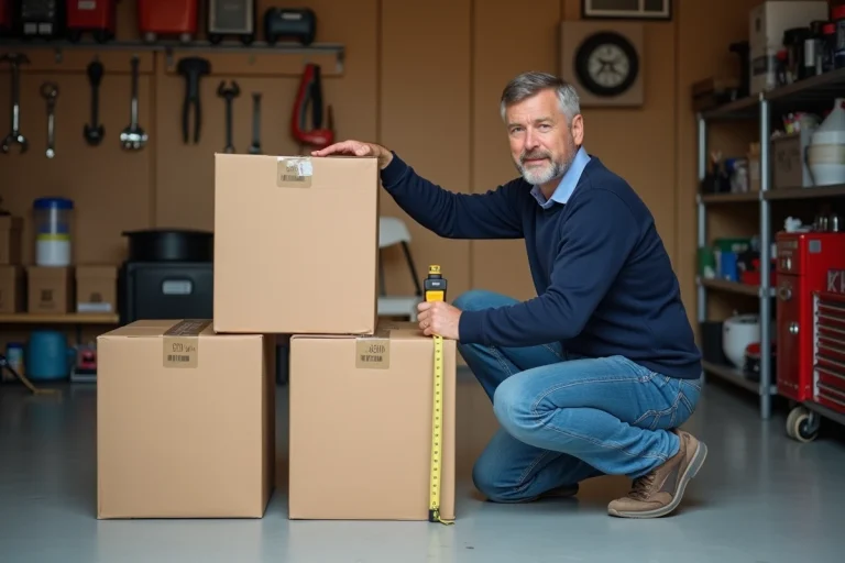 Homme mesurant des boîtes dans un garage organisé