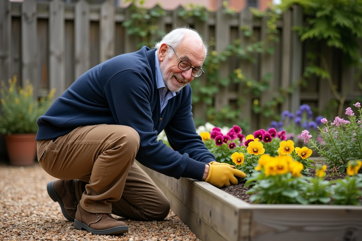 Homme âgé plantant des pensées dans un jardin